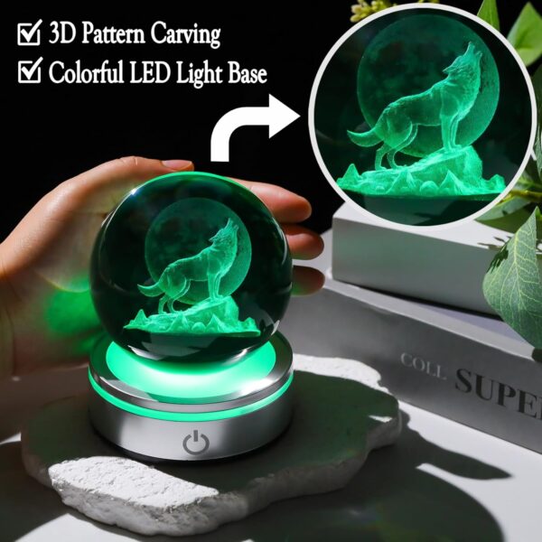 Crystal 3D Wolf 3.15in Ball Figurine Gifts for Men, Collectible Glass Animal Art Sphere for Room with LED Light Base Keepsakes for Wolves Lovers Home Decor Paperweight - Image 3