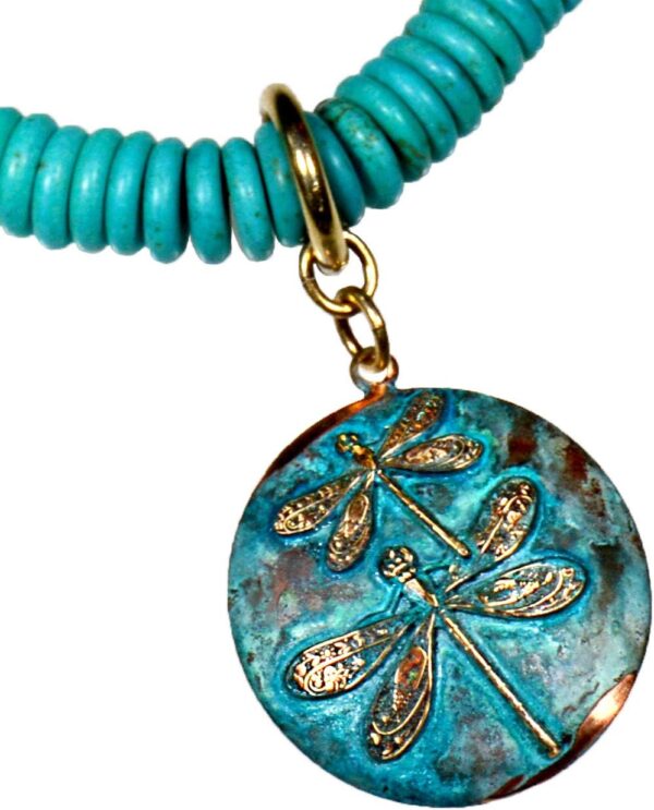Elaine Coyne Collectible Artwear Verdigris Patina Wearable Art Dragonflies on Domed Circle Necklace - Turquoise - Image 2