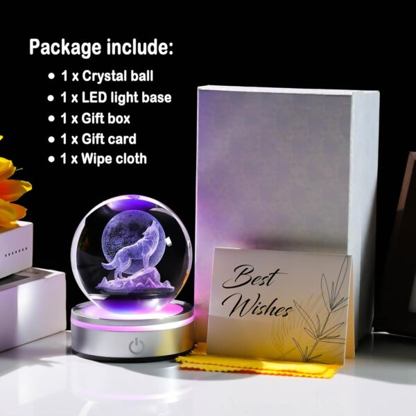 Crystal 3D Wolf 3.15in Ball Figurine Gifts for Men, Collectible Glass Animal Art Sphere for Room with LED Light Base Keepsakes for Wolves Lovers Home Decor Paperweight - Image 6