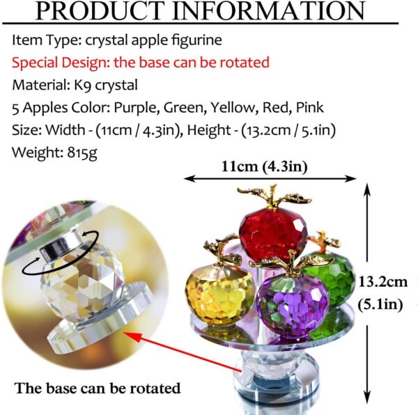 QFkris 5.1inches Height, 5 Colors Crystal Faceted Apples Ornament, Glass Apple Figurines Collectibles with Rotatable Base for Home Table Decor - Image 2