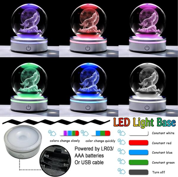 Crystal 3D Wolf 3.15in Ball Figurine Gifts for Men, Collectible Glass Animal Art Sphere for Room with LED Light Base Keepsakes for Wolves Lovers Home Decor Paperweight - Image 4