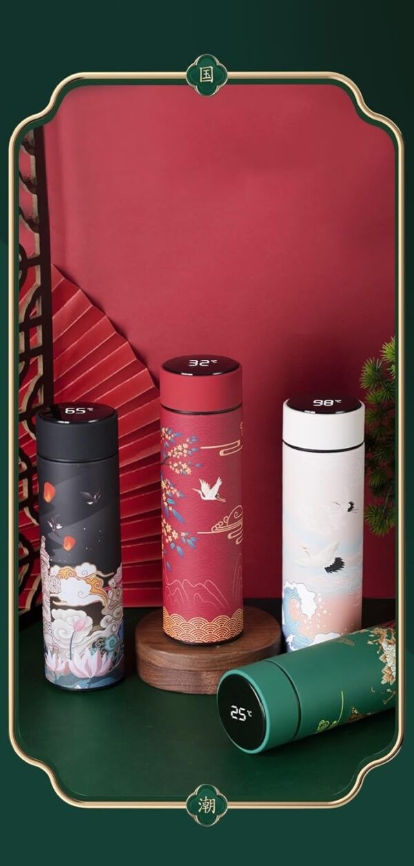 Insulated Coffee Tea Travel Thermos Mug Water Bottle with Removable Strainer and Temperature Featuring Elegant Asian Art Design - 16.9 fl oz (Blue) - Image 8