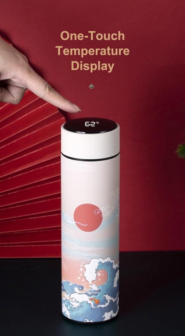 Insulated Coffee Tea Travel Thermos Mug Water Bottle with Removable Strainer and Temperature Featuring Elegant Asian Art Design - 16.9 fl oz (Blue) - Image 4