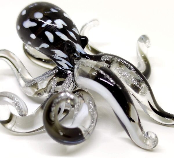 Octopus Miniature Figurines Animals Hand Blown Color Glass Art Collectible Gift Decorate 3.25" (Black White)