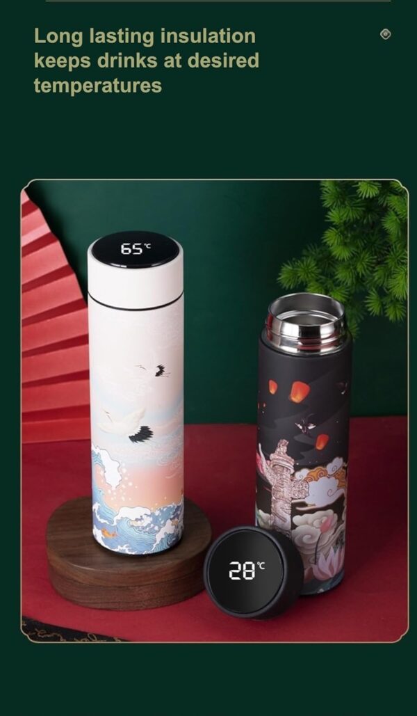 Insulated Coffee Tea Travel Thermos Mug Water Bottle with Removable Strainer and Temperature Featuring Elegant Asian Art Design - 16.9 fl oz (Blue) - Image 3