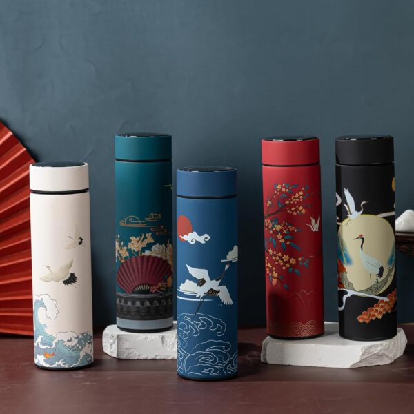 Insulated Coffee Tea Travel Thermos Mug Water Bottle with Removable Strainer and Temperature Featuring Elegant Asian Art Design - 16.9 fl oz (Blue) - Image 2