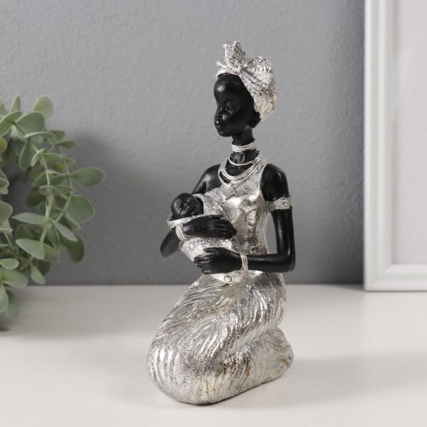 AEVVV Polystone African Woman Figurine Holding Baby Decorative Statue Silver Dress 7.1 Inch Home Décor Collectible Art Sculpture Modern Interior Ornament - Image 4