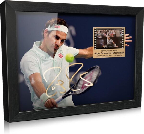 ORIMAMI Tennis Player Gifts | Signed Roger Federer Wooden Framed Photo Art Decor with Film Display | Cool Collectible Gift for Tennis Fans - 8"x6"