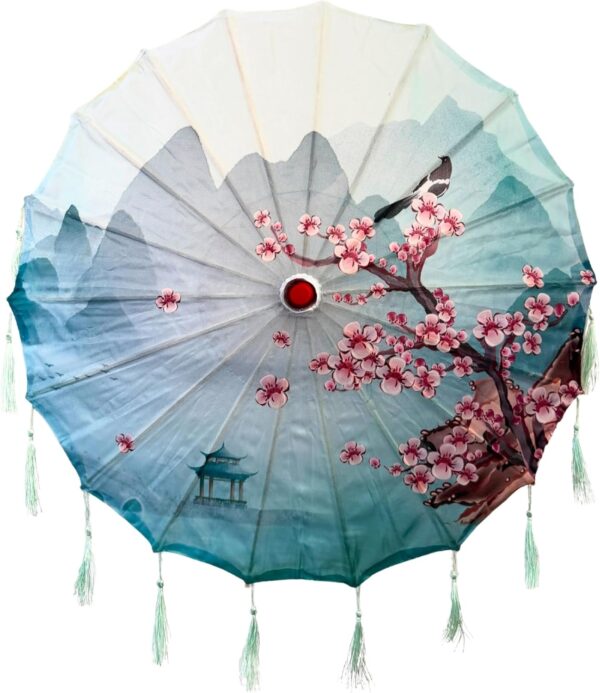 THY COLLECTIBLES Classic Chinese Art Asian Style 33" Silk Parasol Umbrella with Tassels for Wedding Parties, Photography, Costumes, Cosplay, Decoration And Other Events