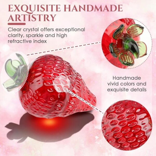 Blown Glass Strawberry Ornament, Handmade Fruit Decoration, Clear Crystal Collectible Art Figurines, Strawberry Paperweigh Artificial Fruit Decorations for Home Office Bedroom and Kitchen - Image 3